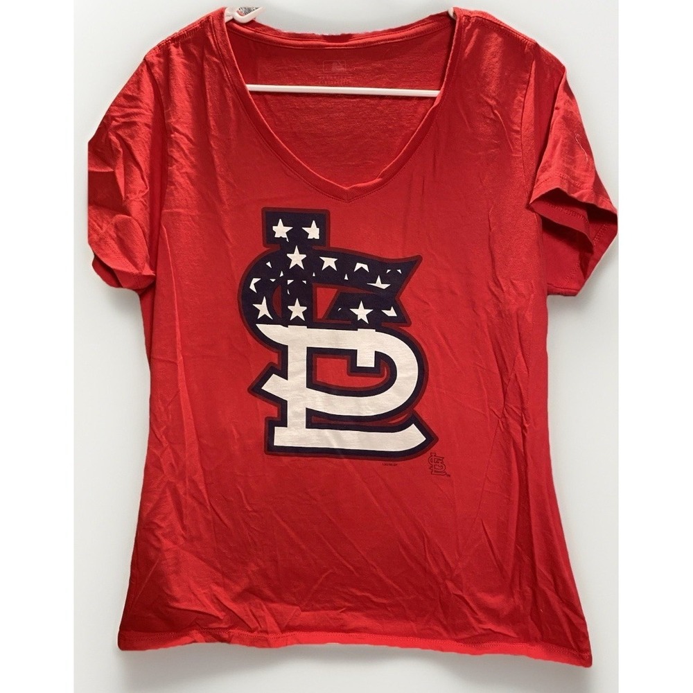 MLB Genuine Merchandise St. Louis‎ Cardinals Red Stars Stripes V-Neck T-Shirt L